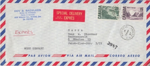 Canada - 25+15 C. Freimarken Luftpost Expressbrief Montreal - München 1967