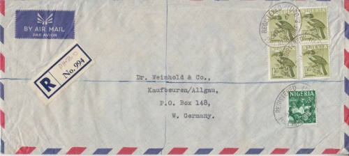 Nigeria - 4x1 Sh. + 3 P. Freimarken Luftpost Einschreibebrief Port Harcourt
