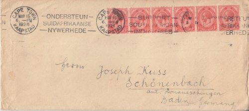 Südafrika (Union) - 1 P. König Georg V. 6er-Streifen Brief Capetown 1926 n.