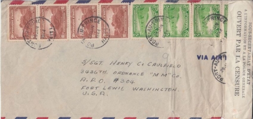Haiti - 4x10 + 4x5 C. Freimarken Luftpost Zensurbrief n. USA Port au Prince 1944