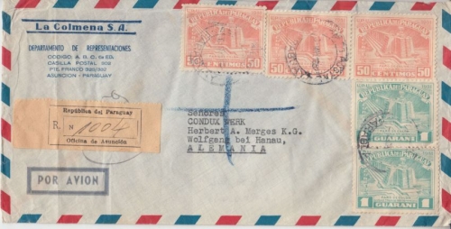 Paraguay - 2x1 G. + 3x50 C. 500. Geb. Kolumbus Luftpost Einschreibebrief 1952