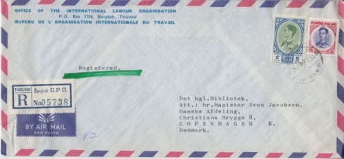 Thailand - 5+2 B. Bhumibol Luftpost Einschreibebrief n. DÄNEMARK Bangkok 1966