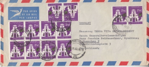 Südafrika - 10x2 1/2 C. Freimarken Luftpostbrief Capetown - München 1966