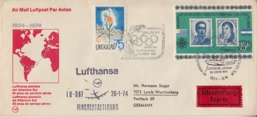 Uruguay - Lufthansa 40 J. Südatlantik-Dienst Montevideo - Stuttgart 1974