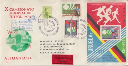 Uruguay Lufthansa Sonderflug Fussball-WM Schmuckkuvert Montevideo Hannover 1974