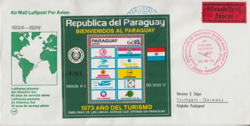 Paraguay - Lufthansa Sonderflug 40 J. Südamerika-Dienst Schmuckkuvert Asuncion