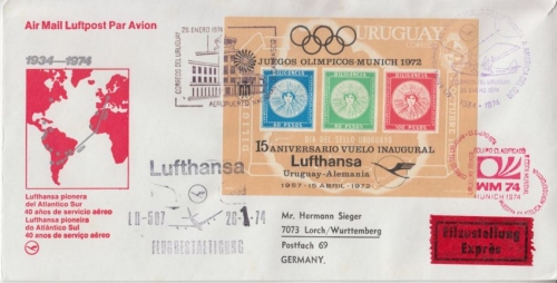 Uruguay - Lufthansa 40 J. Südatlantik-Dienst Montevideo 1974 Olympia-Block