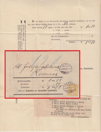 Schweiz - 15 C. Kreuz/Wertschild Nachnahmebrief Aarau - Reinach 1885