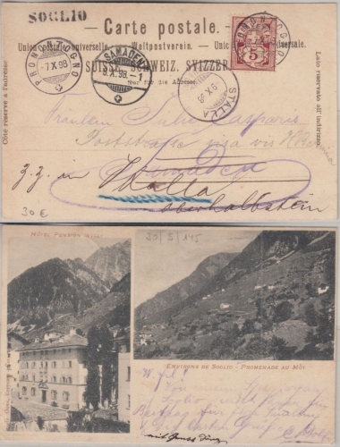 Schweiz - Soglio L1 sw-AK Hotel Willy Promontogno - Samaden 1898 Weiterleitung