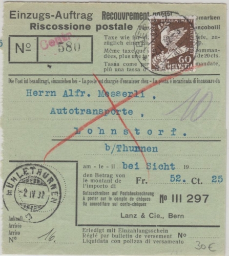 Schweiz - 60 C. Abrüstungskonferenz Einzugsauftrag Bern - Mühlethurnen 1932