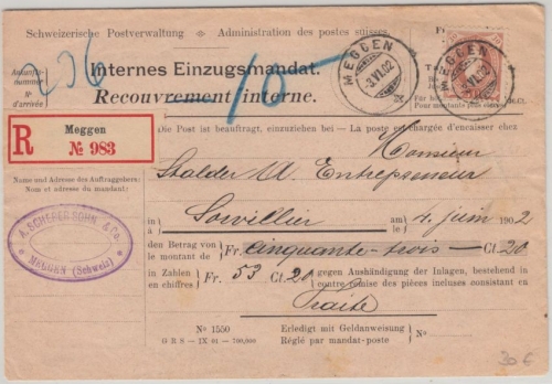 Schweiz - 30 C. steh. Helvetia Einschreiben Einzugsmandat Meggen Sorvillier 1902