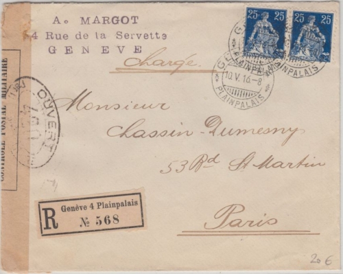Schweiz - 2x25 C. sitz. Helvetia Einschreiben n. FRANKREICH Genf 4 1916