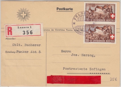 Schweiz - 2x10 C. Pro Patria Feldpost Einschreibekarte Luzern - Zofingen 1939