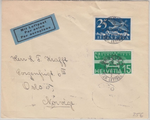 Schweiz - 15+25 C. Flugpostausgabe Luftpostbrief n. NORWEGEN Genf - Oslo 1935