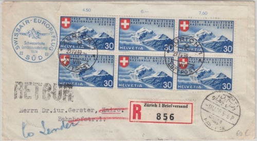 Schweiz - Swissair Europaflug Zürich Kairo 1939 Einschreibebrief Frankatur !!