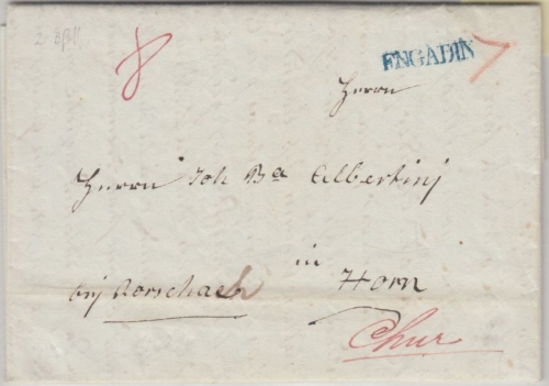 Schweiz - Engadin blauer L1 Vorphilabrief Zuotz (?) n. Horn b. Rorschach 1837