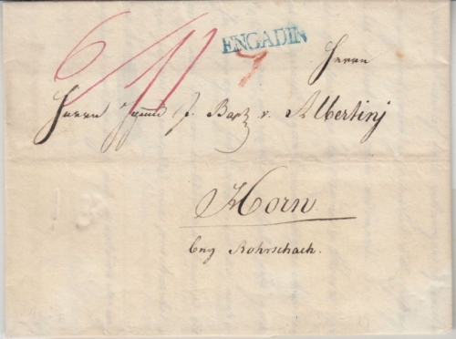 Schweiz - Engadin blauer L1 Vorphilabrief Samaden - Horn b. Rorschach 1837