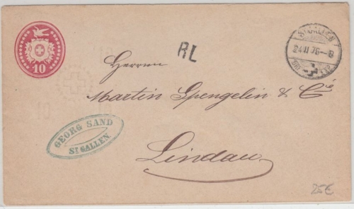 Schweiz - 10 C. Tübli Ganzsache St. Gallen - Lindau "RL" Grenztarif 1876
