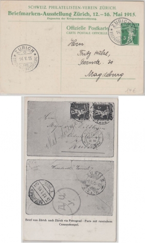 Schweiz - Zürich 1915 Briefmarken-Ausstellung 5 C. halbamtl. Ganzsache+SST 14.5.