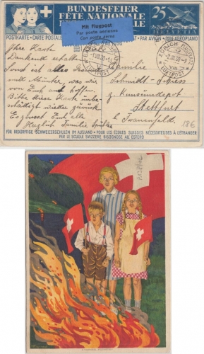 Schweiz - Bundesfeier 1930 25 C. Ganzsache Luftpostkarte Basel - Zürich 1.8.30