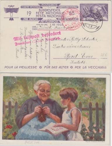 Schweiz - Bundesfeier 1928 40 C. Ganzsache Luftpostkarte Ennenda - Bad Ems