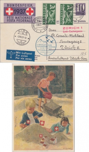 Schweiz - Bundesfeier 1937 10 C. Ganzsache Luftpostkarte Zürich - Sion 2.8.37