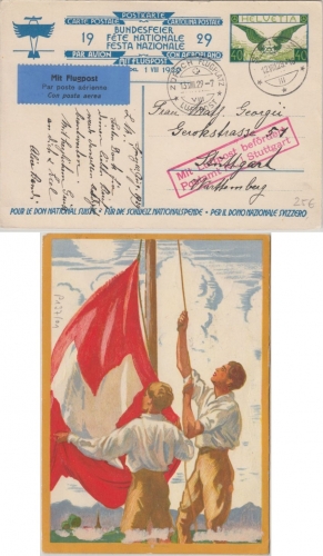 Schweiz - Bundesfeier 1929 40 C. Ganzsache Luftpostkarte Spizz - Stuttgart