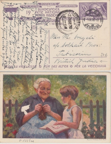 Schweiz - Bundesfeier 1928 40 C. Ganzsache Luftpostkarte n. BRITISCH INDIEN !!