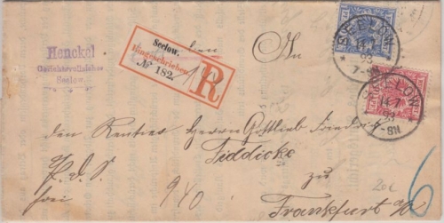 DR - 20+10 Pfg. Krone/Adler Einschreibebrief Seelow - Frankfurt a/O. 1893