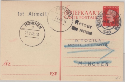 Niederlande - Amsterdam 1948 KLM First Flight Luftpostkarte n. München