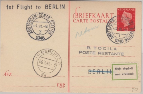 Niederlande - Amsterdam 1948 KLM First Flight Luftpostkarte n. Berlin