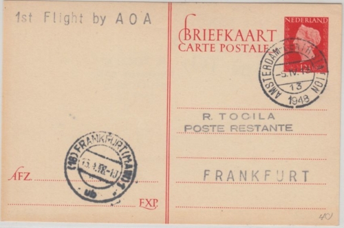 Niederlande - Amsterdam 1948 AOA First Flight Luftpostkarte n. Frankfurt