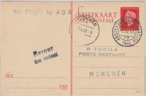 Niederlande - Amsterdam 1948 AOA First Flight Luftpostkarte n. München