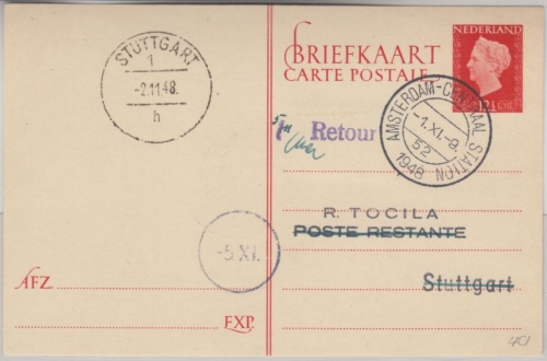 Niederlande - Amsterdam 1948 KLM First Flight Luftpostkarte n. Stuttgart