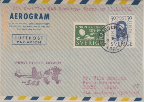 Schweden - Zuleitungspost SAS First Flight Hamburg - Tokio Aerogram 1954