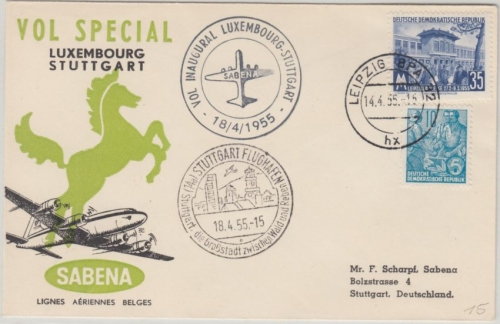 Luxemburg - Luxembourg 1955 SABENA First Flight Luftpostbrief n. Stuttgart