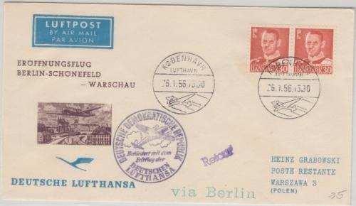 Dänemark - Zuleitungspost DDR Lufthansa First Flight Berlin Ost Warschau 1956