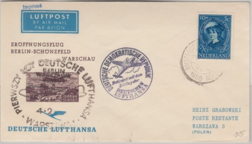 Niederlande - Zuleitungspost DDR Lufthansa First Flight Berlin Ost Warschau 1956