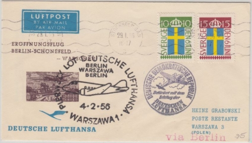 Schweden - Zuleitungspost DDR Lufthansa First Flight Berlin Ost Warschau 1956