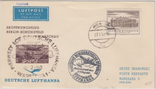 Österreich - Zuleitungspost DDR Lufthansa First Flight Berlin - Warschau 1956