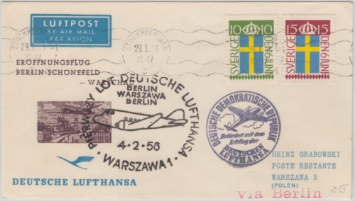 Schweden - Zuleitungspost DDR Lufthansa First Flight Berlin - Warschau 1956