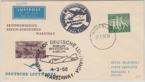 Belgien - Zuleitungspost DDR Lufthansa First Flight Berlin Ost Warschau 1956