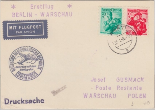 Österreich - Zuleitungspost DDR Lufthansa First Flight Wien Berlin Warschau 1956