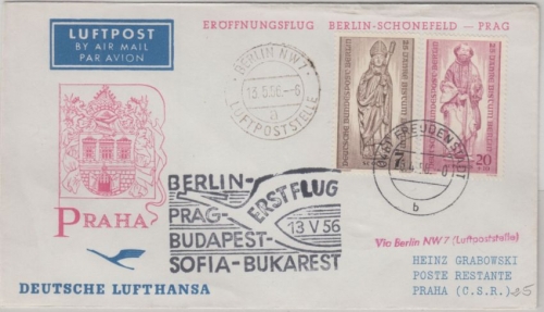 BRD - Zuleitungspost DDR Lufthansa First Flight Freudenstadt Berlin Prag 1956
