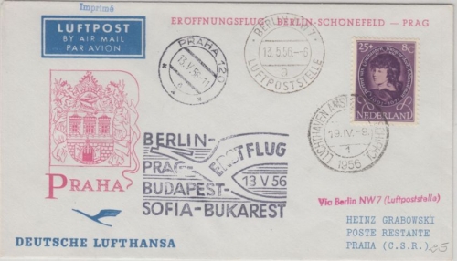 Niederlande - Zuleitungspost DDR Lufthansa First Flight Berlin - Prag 1956