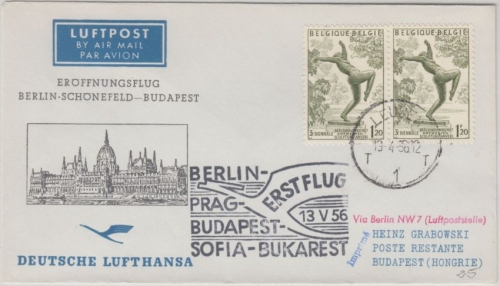 Belgien - Zuleitungspost DDR Lufthansa First Flight Leuven Berlin Budapest 1956