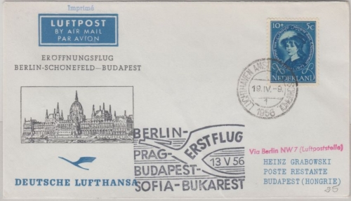 Niederlande - Zuleitungspost DDR Lufthansa First Flight Berlin - Budapest 1956