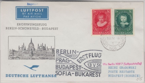 Niederlande - Zuleitungspost DDR Lufthansa First Flight Berlin Budapest 13.5.56