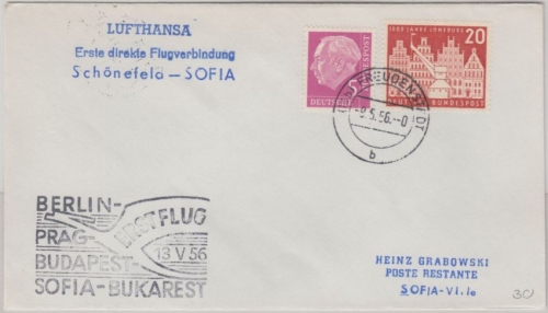 BRD - Zuleitungspost DDR Lufthansa First Flight Freudenstadt Berlin Sofia 1956