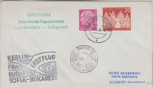 BRD Zuleitungspost DDR Lufthansa First Flight Freudenstadt Berlin Bukarest 1956